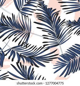 Vector tropical palm  leaves with grunge decoration. Exotic paint traces on background. Banana leaves dynamic pattern