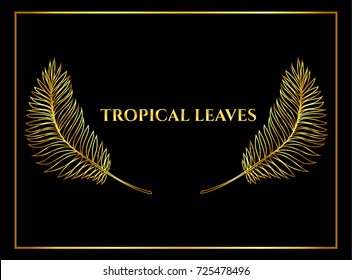 Vector tropical palm leaves, jungle golden leaves isolated on black background.