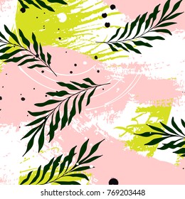 Vector tropical palm leaves on pink green background. Modern jungle leaf pattern. Summer botanical beach Hawaiian illustration, exotic green foliage, floral holidays elements
