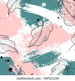 Vector tropical palm leaves on pink green pastel background, jungle leaves summer decoration. Hawaiian floral contemporary  expressive background