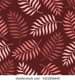 Vector Tropical Palm Leaves Pattern In Burgundy Background