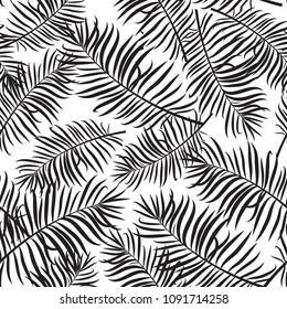Vector tropical palm leaves seamless pattern. Summer illustration in black and white. Can be used for textile, clothing, scrapbooking
