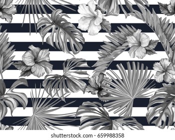 Vector Tropische palm bladeren naadloos patroon. Jungle bloemen sierachtergrond. Bloemstukken voor uw poster, banner flayer, advertentie design. zwart op wit op gestreepte achtergrond