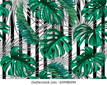 Vektor Tropische Palme Blätter nahtlose Muster.  Dschungel, floraler Zierhintergrund. Florale für Ihr Poster, Bannerflayer, Werbegestaltung. Streifen auf einfarbigem Hintergrund