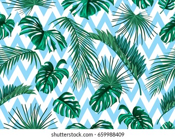 Vector Tropical palm leaves seamless pattern.  Jungle floral ornamental background. Florals for your poster, banner flayer, advertisement design. Striped simple background