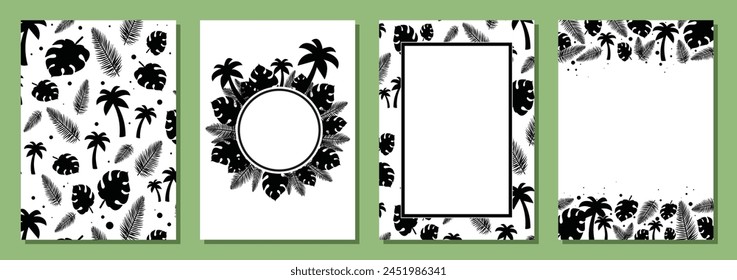 Vector Tropical Palm Leaves and Tree Frame Templates. Plam Tree and Leaves in Silhouette Style. Tropical banner and textured background design elements set collection. Isolated on white background.
