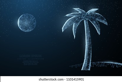 Vector tropical, palm, tree. Abstract wire low poy palm nature summer beach silhouette illustration on dark blue background with stars. Travel, vacation, paradise, tropic symbol