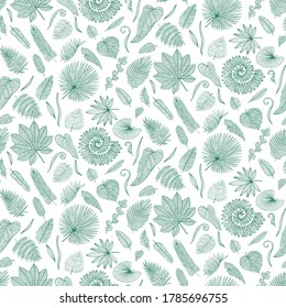 Vector Tropical Palm Tree Leaves seamless pattern. Exotic Leaf Background. Botanical hand drawn illustration in sketch style for fabric print, wrapping paper.