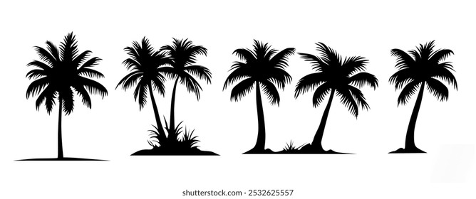 vector tropical palm trees or coconut trees set silhouettes (eps). vector realistic palm trees collection reflecting holiday, tropical or costal view, rainforest etc concept	