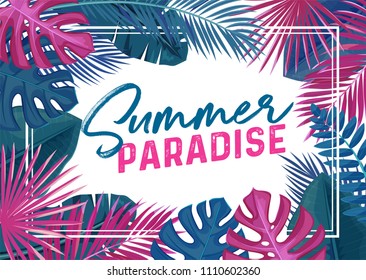 Vector tropical paradise poster. Vacation summer trendy design frame with tropical flower and leaves. Illustration with jungle exotic leaf areca palm and monstera.