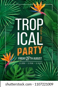 Vector Tropical Party Banner. Vacation Summer Flyer Or Poster With Tropical Flower And Leaves. Illustration With Strelitzia, Jungle Exotic Leaf Areca Palm And Monstera.