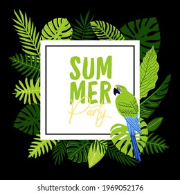 Vector tropical party flyer with monster leaves, palm,  fern and Green macaw. Summer illustration