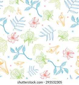 Vector Tropical Pastel Drawing Flowers Seamless Pattern