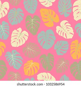 Vector tropical pastel pattern with jungle leaves bohemian decor, seamless textile background. Floral jungle ornament with monstera leaf tropical seamless pattern. Philodendron or monstera plant.