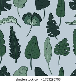 Vector tropical pattern colorful green monstera, palm leaves  on blue background