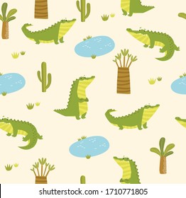 Vector tropical pattern with crocodiles. Cartoon funny crocodiles. Reptiles. African animals. Wildlife. Tropics. Jungle. Fabric for children.
