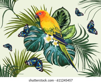 Vector tropical pattern  with exotic leaves, flowers, parrot, butterflies. Isolated on white background, bohemian decoration bouquet, boho style for greeting card, wedding