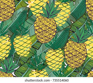 Vector tropical pattern. Fresh ripe pineapples and palm leaves. Hand drawn seamless background.
