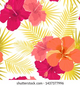 Vector tropical pattern with hibiscus flowers and tropical leaves. Floral background design for cosmetics, spa and textile.