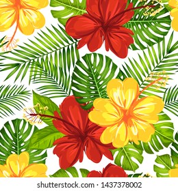 Vector tropical pattern with hibiscus flowers and tropical leaves. Floral background design for cosmetics, spa and textile.