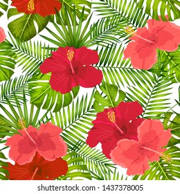 Vector tropical pattern with hibiscus flowers and tropical leaves. Floral background design for cosmetics, spa and textile.