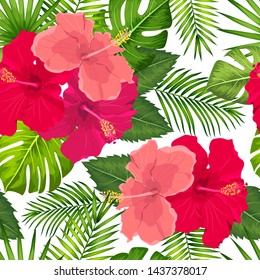 Vector tropical pattern with hibiscus flowers and tropical leaves. Floral background design for cosmetics, spa and textile.