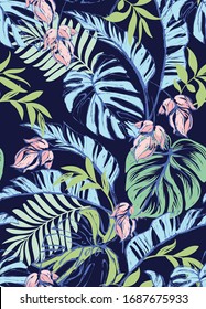 Vector tropical pattern with hibiscus flowers and exotic palm leaves. Trendy summer background. Summer floral illustration.