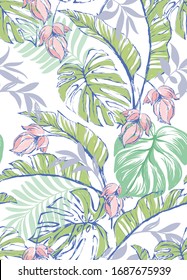 Vector tropical pattern with hibiscus flowers and exotic palm leaves. Trendy summer background. Summer floral illustration.