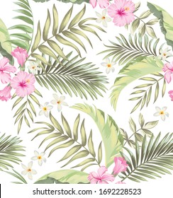 Vector tropical pattern with hibiscus flowers and exotic palm leaves. Trendy summer background. Summer floral illustration.