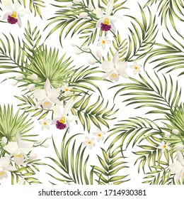 Vector tropical pattern with hibiscus flowers and exotic palm leaves. Trendy summer background. Summer floral illustration.