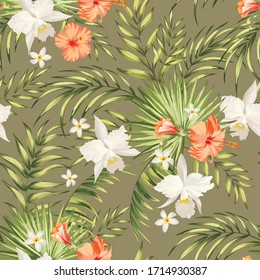 Vector tropical pattern with hibiscus flowers and exotic palm leaves. Trendy summer background. Summer floral illustration.