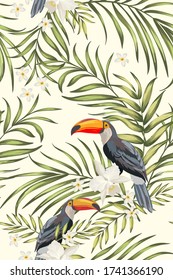 Vector tropical pattern with hibiscus flowers, birds and exotic palm leaves. Trendy summer background. Summer floral illustration.