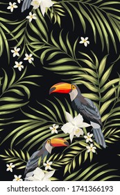 Vector tropical pattern with hibiscus flowers, birds and exotic palm leaves. Trendy summer background. Summer floral illustration.