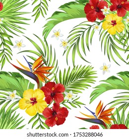 Vector tropical pattern with hibiscus flowers and exotic palm leaves. Trendy summer background. Summer floral illustration.