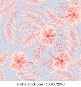 Vector tropical pattern with hibiscus flowers and exotic palm leaves. Trendy summer background. Summer floral illustration.