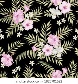 Vector tropical pattern with hibiscus flowers and exotic palm leaves. Trendy summer background. Summer floral illustration.