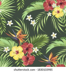 Vector tropical pattern with hibiscus flowers and exotic palm leaves. Trendy summer background. Summer floral illustration.
