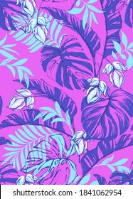 Vector tropical pattern with hibiscus flowers and exotic palm leaves. Trendy summer background. Summer floral illustration.