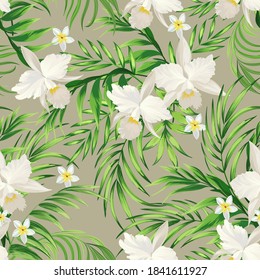 Vector tropical pattern with hibiscus flowers and exotic palm leaves. Trendy summer background. Summer floral illustration.