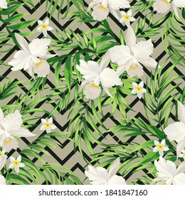 Vector tropical pattern with hibiscus flowers and exotic palm leaves. Trendy summer background. Summer floral illustration.