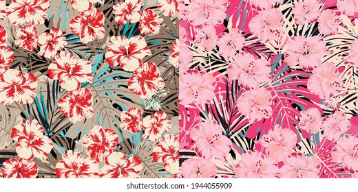 Vector tropical pattern with hibiscus flowers and tropical leaves. Floral background design 