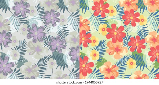 Vector tropical pattern with hibiscus flowers and tropical leaves. Floral background design 