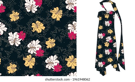 Vector tropical pattern hibiscus flowers on women's dress mockup.  Jungle foliage illustration. Exotic plants. Summer beach floral design. 