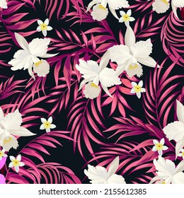 Vector tropical pattern with hibiscus flowers and exotic palm leaves. Trendy summer background. Summer floral illustration.