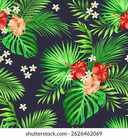 Patrón tropical de Vector con flores de hibisco y hojas de palma exóticas. Fondo de verano de moda. Ilustración floral de verano