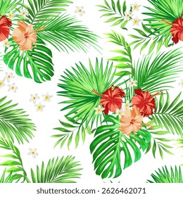 Tropisches Vektormuster mit Hibiskusblumen und exotischen Palmenblättern. Trendy Sommer Hintergrund. Blumenbild Sommer