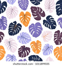 Vector tropical pattern with jungle leaves decor, seamless fabric background. Floral jungle ornament with monstera leaf tropical seamless pattern. Philodendron or monstera plant background.