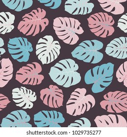 Vector tropical pattern with jungle leaves decor, seamless fabric background. Floral jungle ornament with monstera leaf tropical seamless pattern. Philodendron or monstera plant background. 