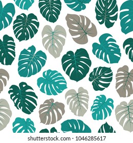 Vector tropical pattern with jungle leaves decor, seamless fabric background. Floral jungle ornament with monstera leaf tropical seamless pattern. Philodendron or monstera plant background. 