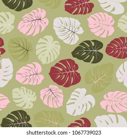 Vector tropical pattern with jungle leaves decor, seamless fabric background. Floral jungle ornament with monstera leaf tropical seamless pattern. Philodendron or monstera plant background. 